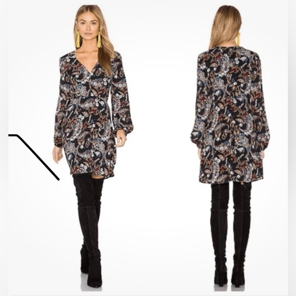 WAYF Malone Mini Dress Black Brown Floral Paisley Long Sleeve Small